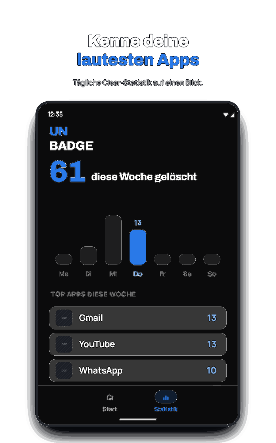 Unbadge Wochenstatistik und Top-Apps