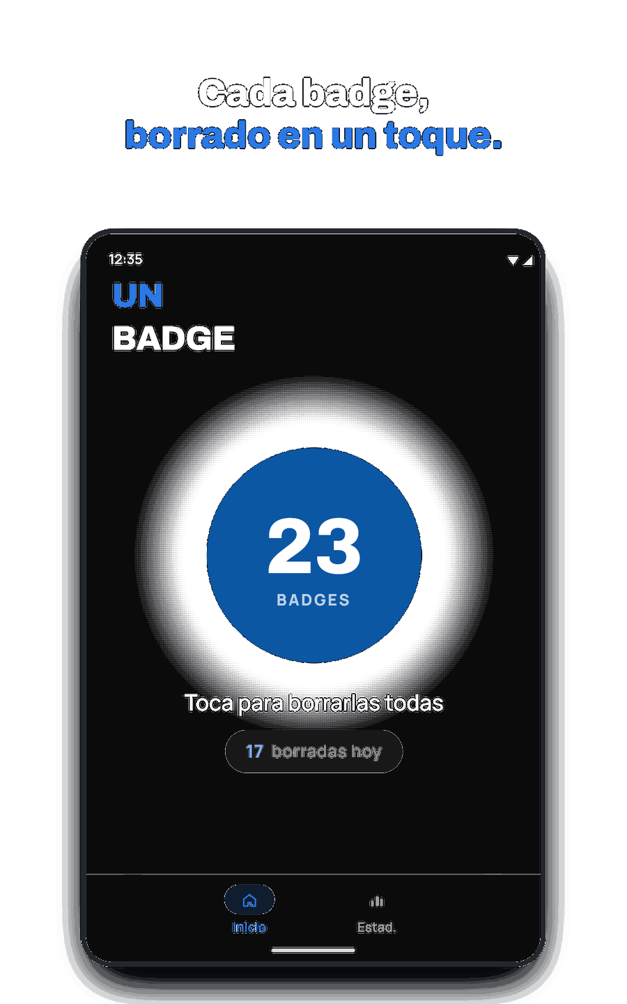 Pantalla de inicio de Unbadge con 7 insignias listas para borrar
