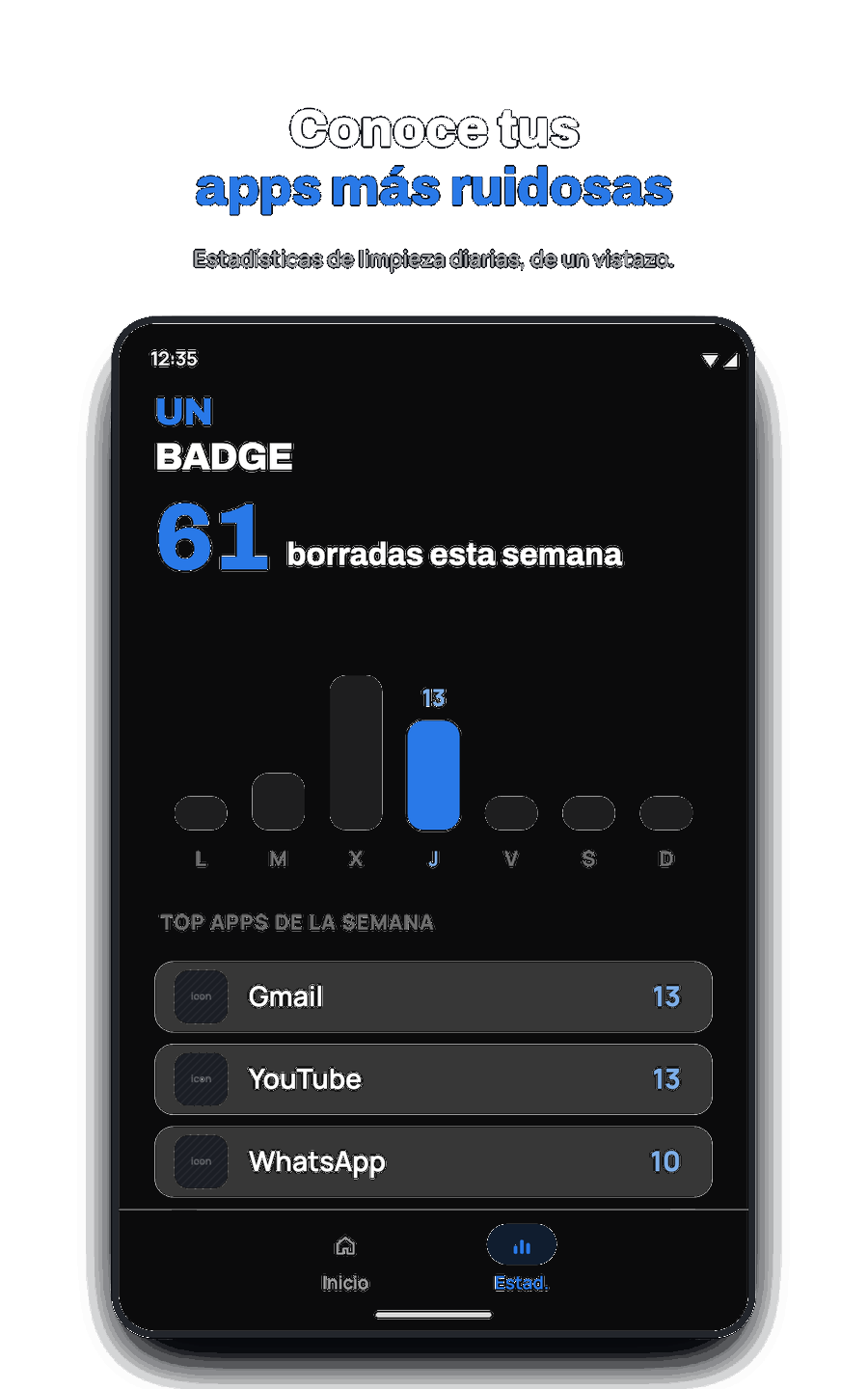 Estadísticas semanales y apps principales en Unbadge