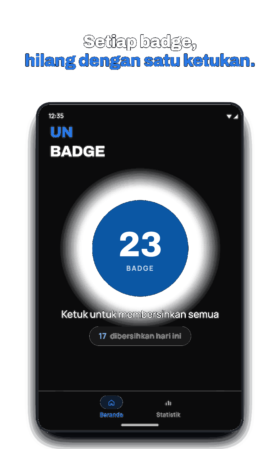 Layar beranda Unbadge menampilkan 7 lencana siap dibersihkan